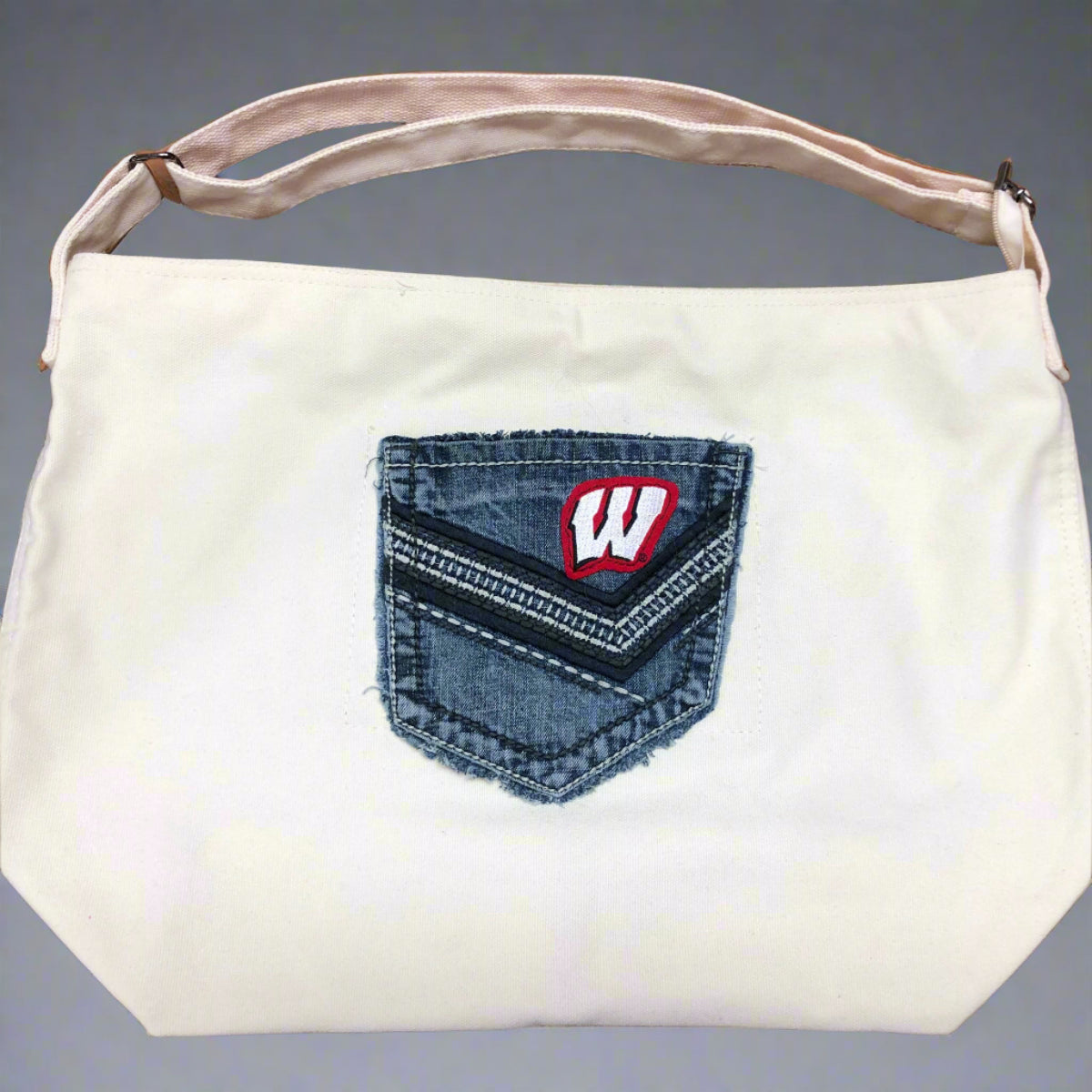 Upcycled Wisconsin Canvas Tote Bag in White