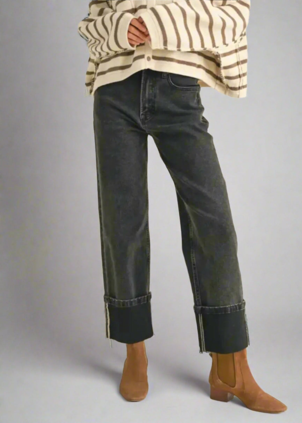 Cuffed Bottom Black Denim Pants