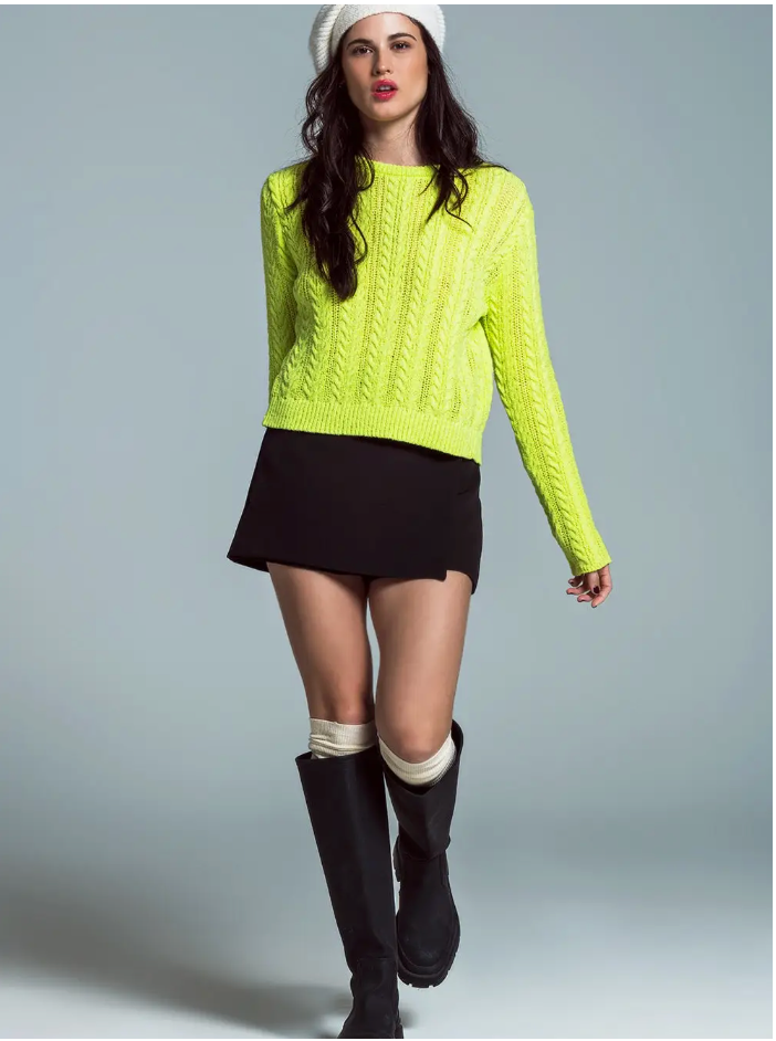 Q2 Lime Green Cable Knit Bow Sweater
