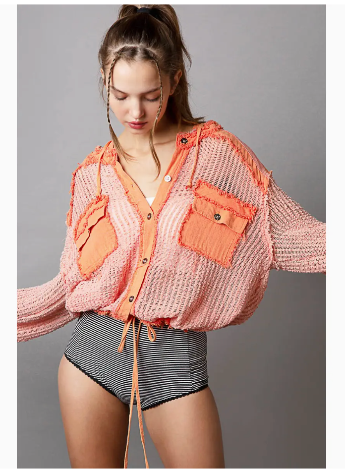 POL Clothing Open Knit Hooded Shirt Orange Multi
