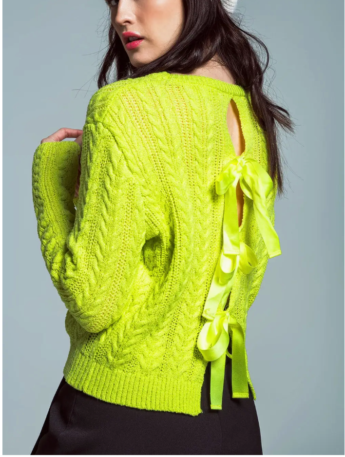 Q2 Lime Green Cable Knit Bow Sweater
