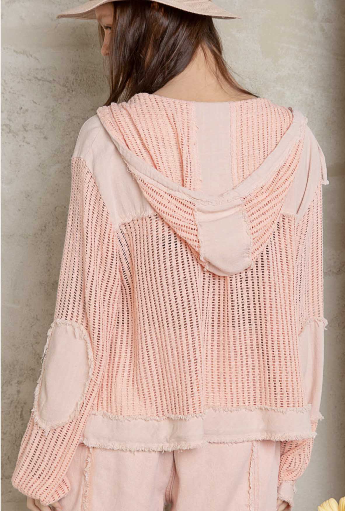 POL Clothing Open Knit Hooded Shirt Peach