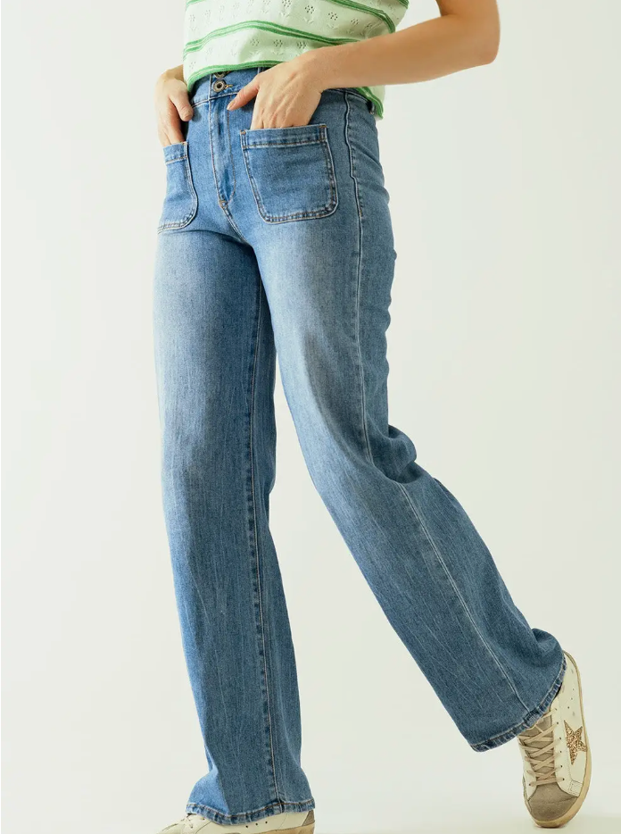 Q2 Wide Leg Jeans with Metallic Button Front Closure