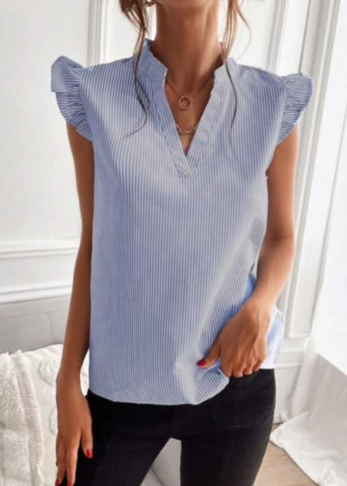 Blue Striped V-Neck Blouse