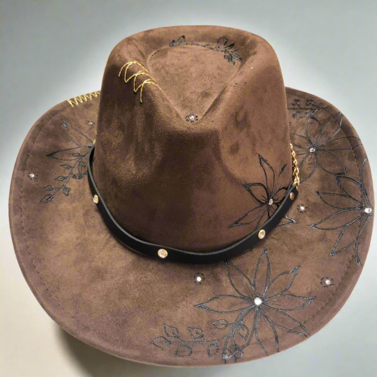 Floral Burned Faux Suede Hat in Brown