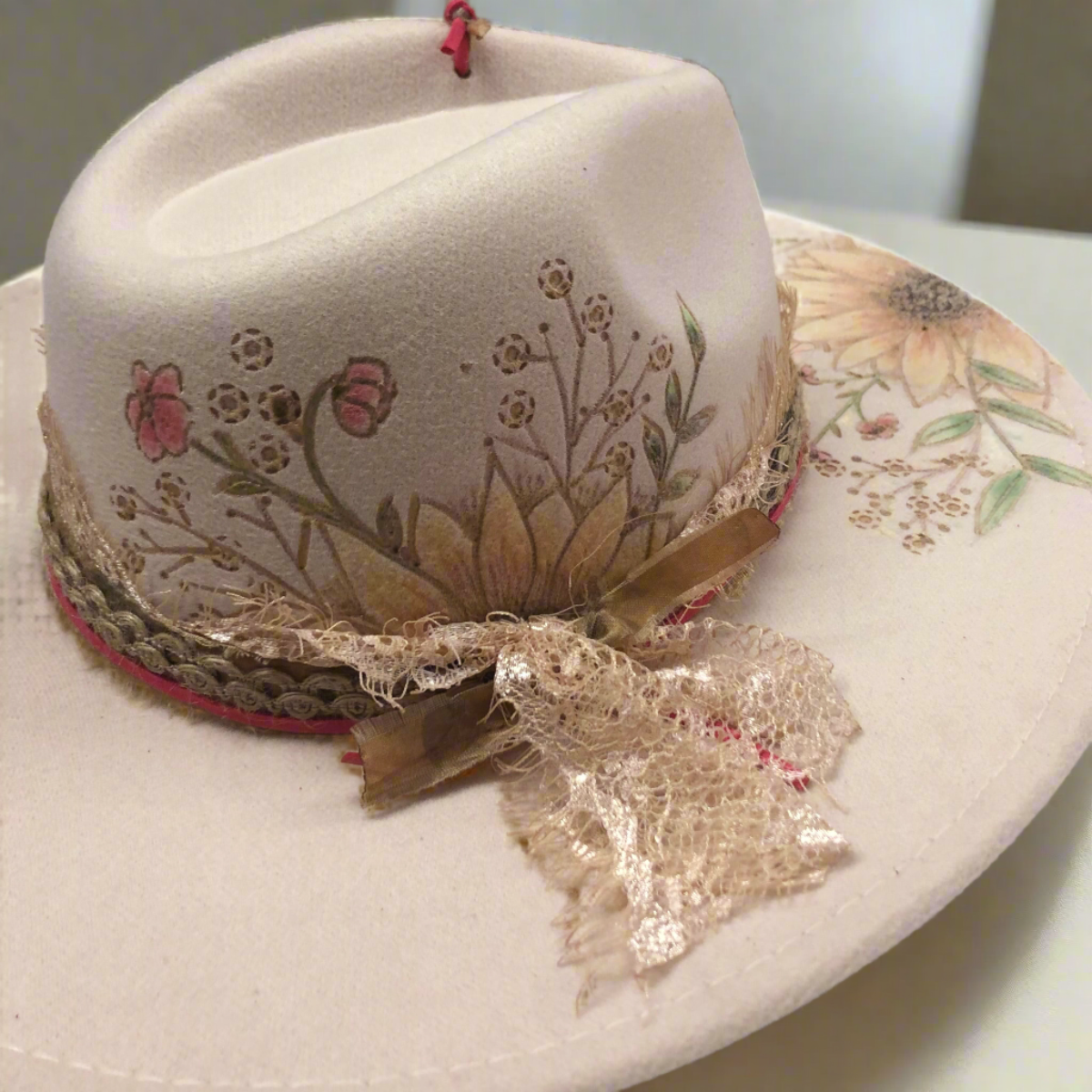 Hand Painted Fleece Hat in Beige