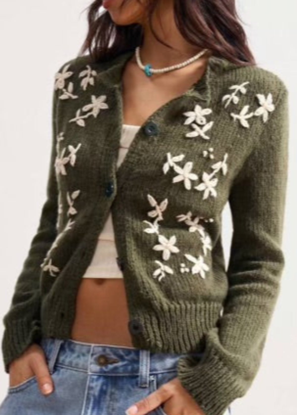 Floral Embroidered Cardigan in Olive