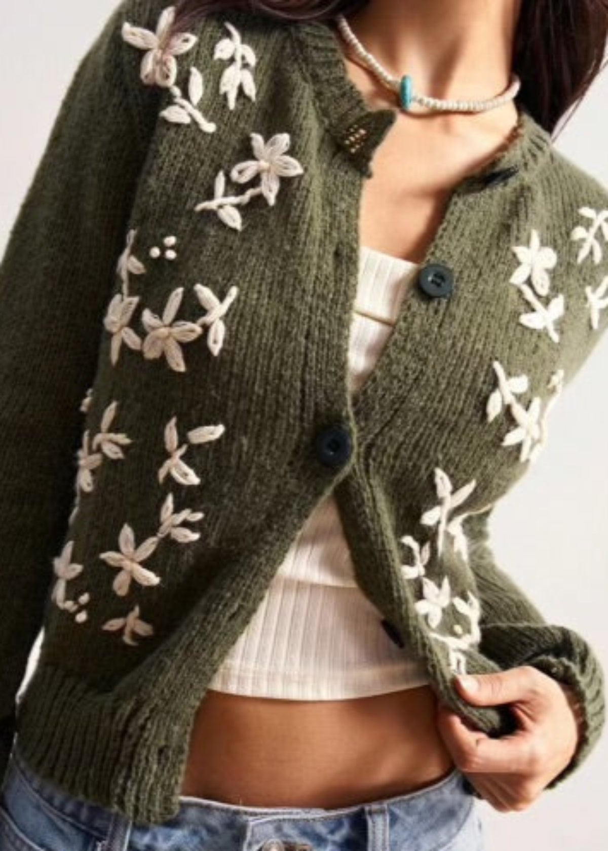 Floral Embroidered Cardigan in Olive