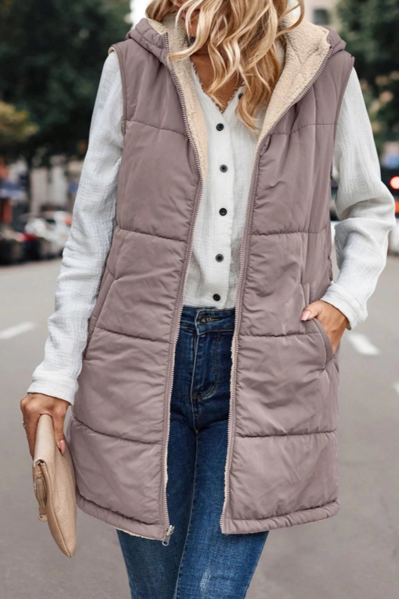 Puffy Long Reversible Vest in Dusty Pink