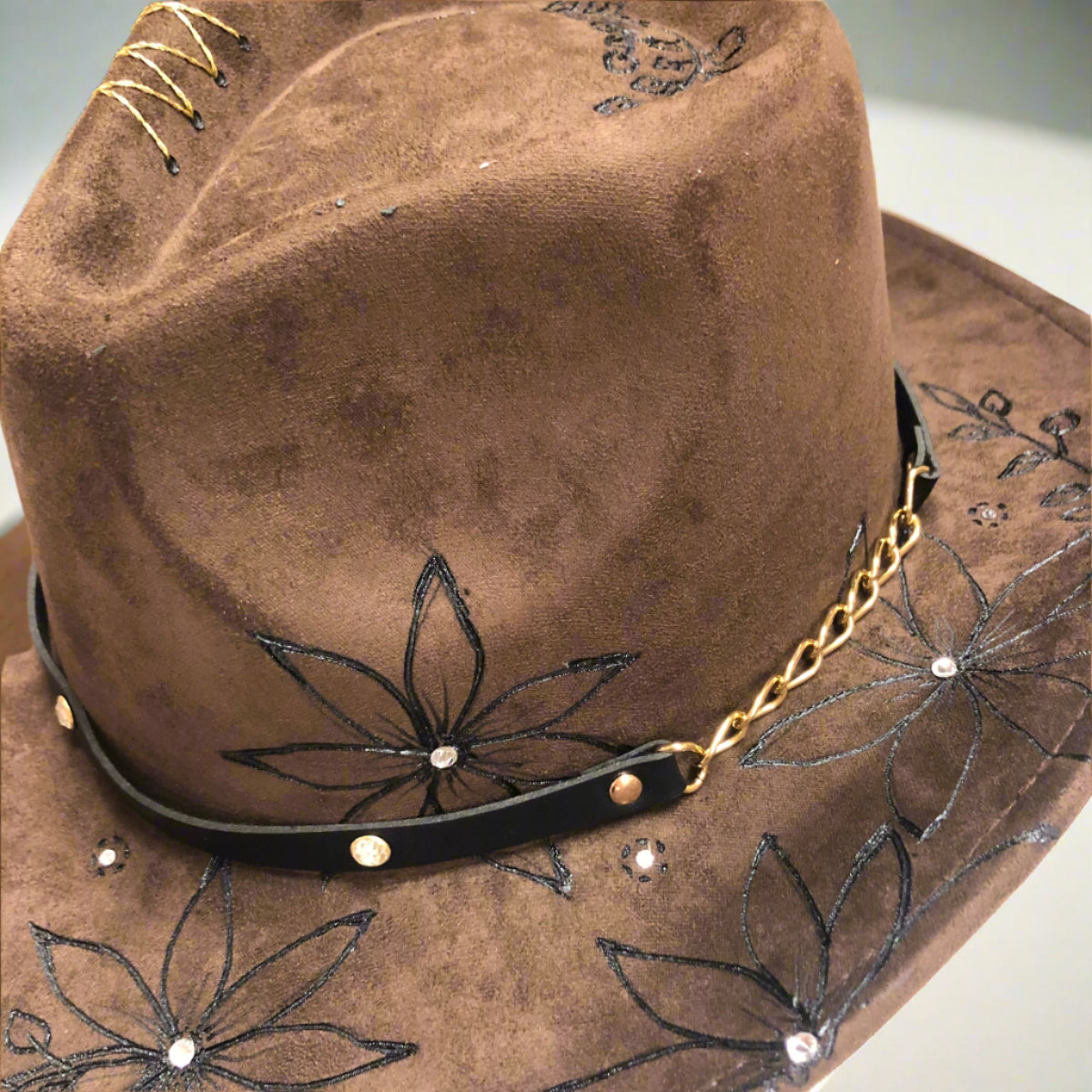 Floral Burned Faux Suede Hat in Brown
