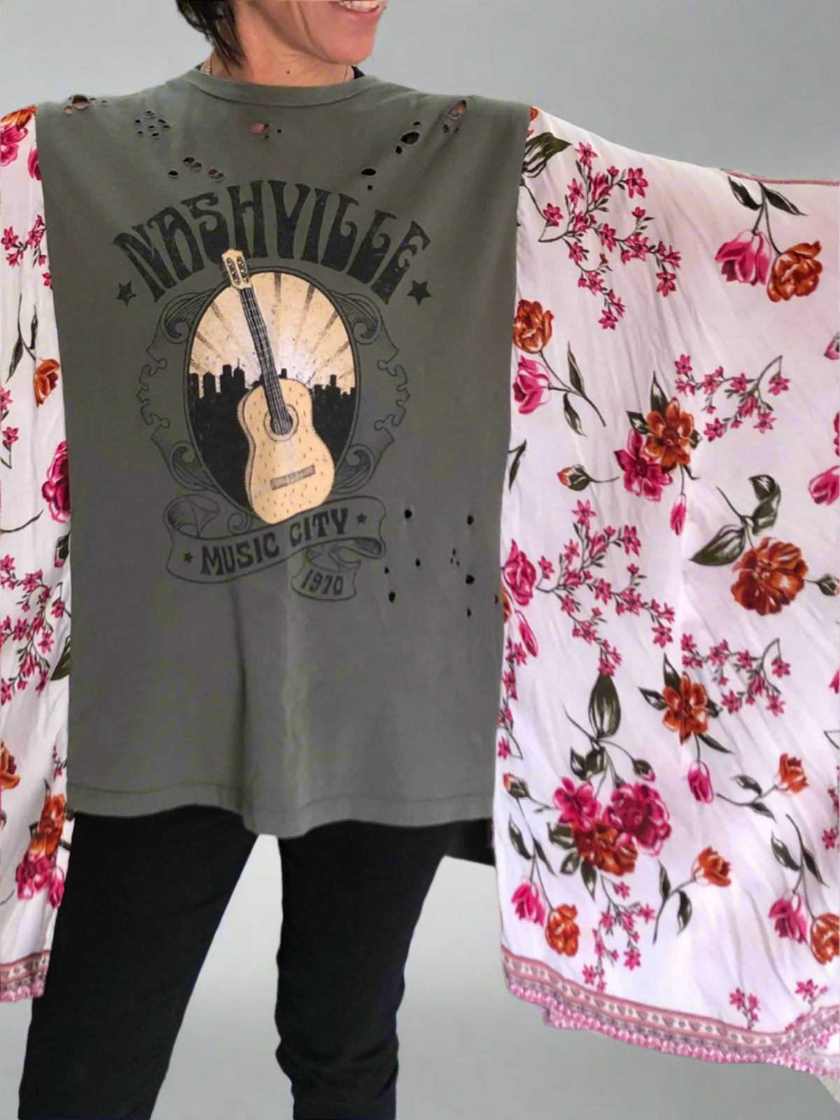 Upcycled Graphic Tee with Flutter Sleeves