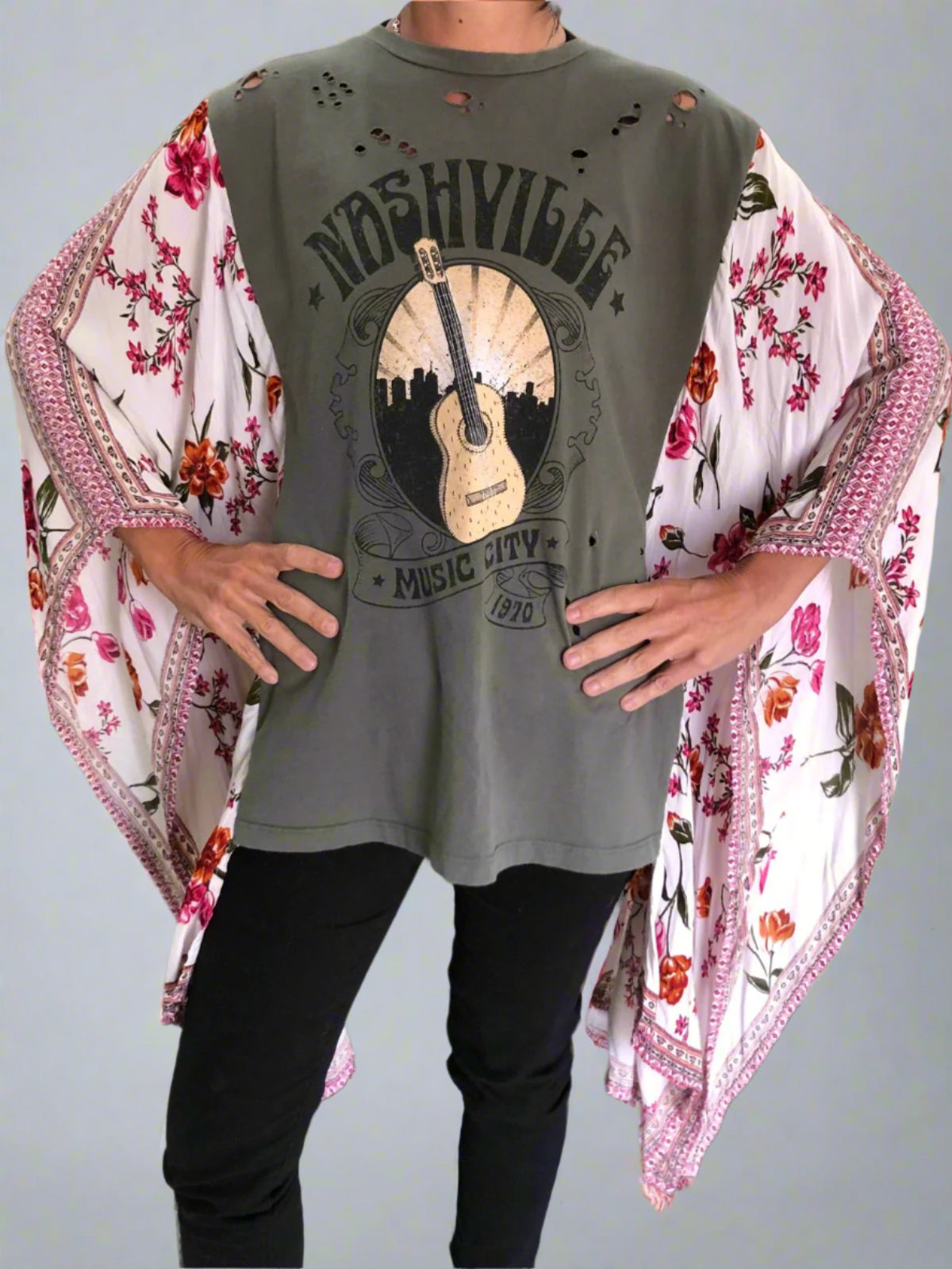 Upcycled Graphic Tee with Flutter Sleeves