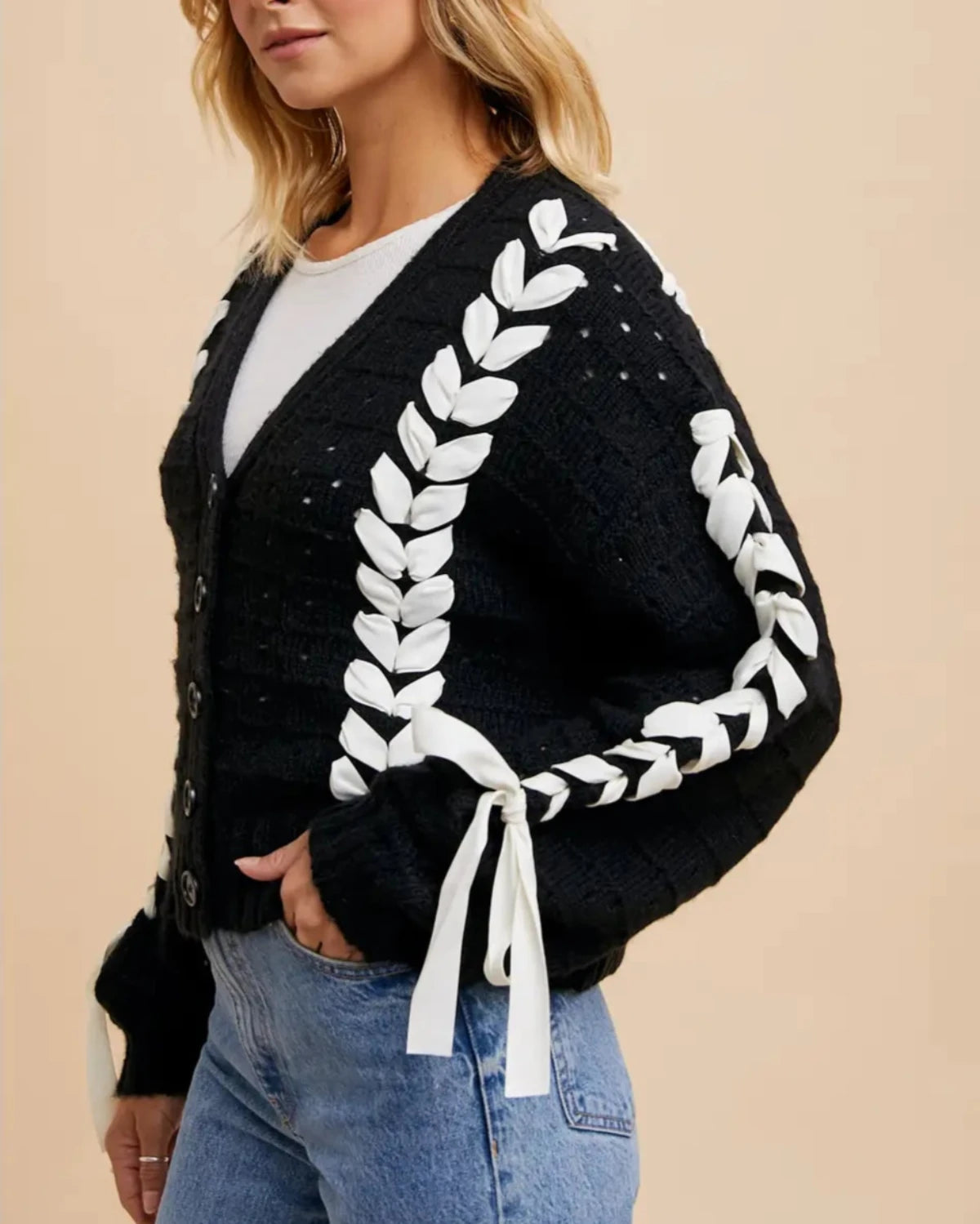 Black Threaded Ribbon Knit Cardigan