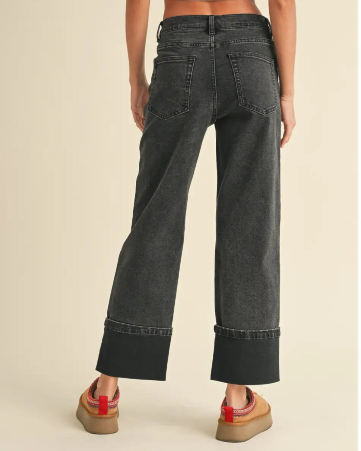 Cuffed Bottom Black Denim Pants