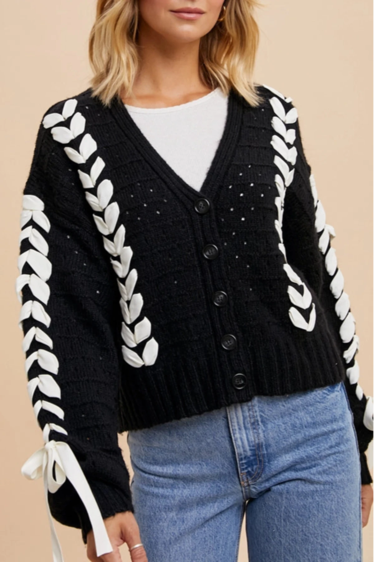 Black Threaded Ribbon Knit Cardigan