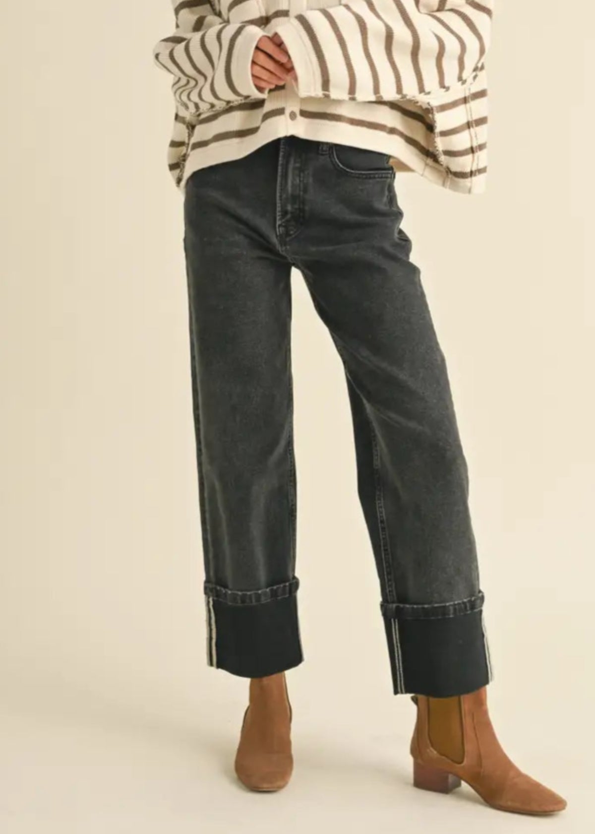 Cuffed Bottom Black Denim Pants