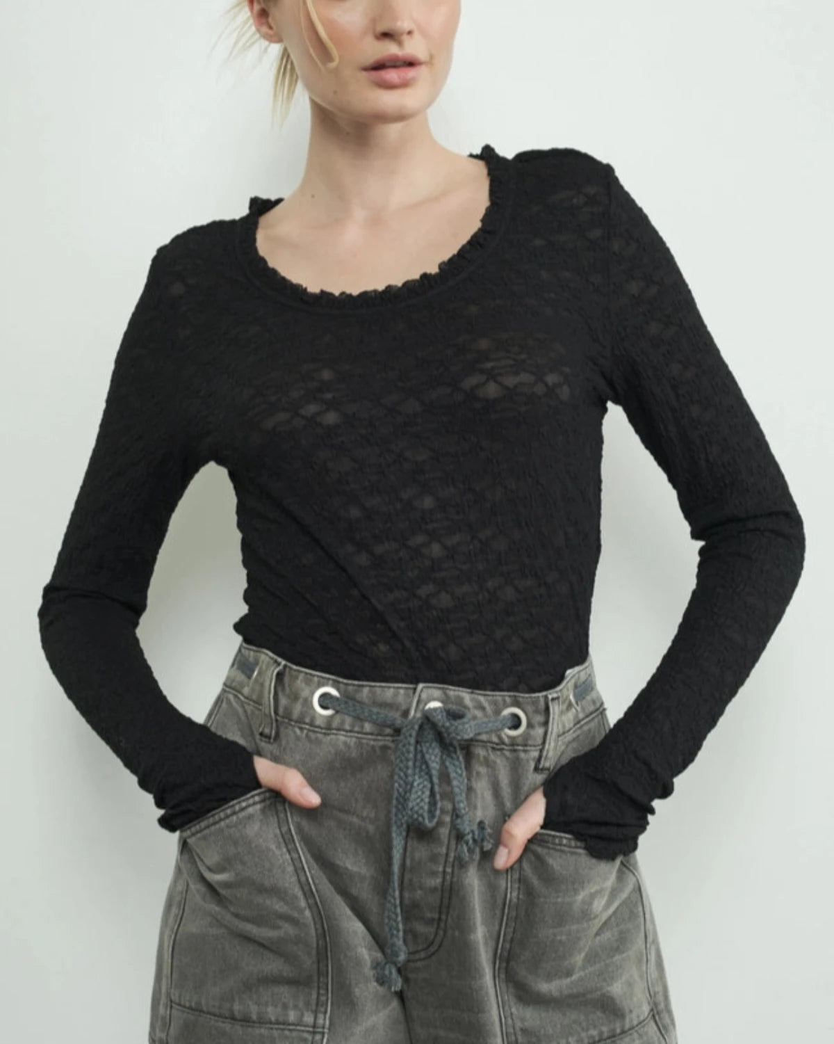 Black Lace Top With Ruffle Neck