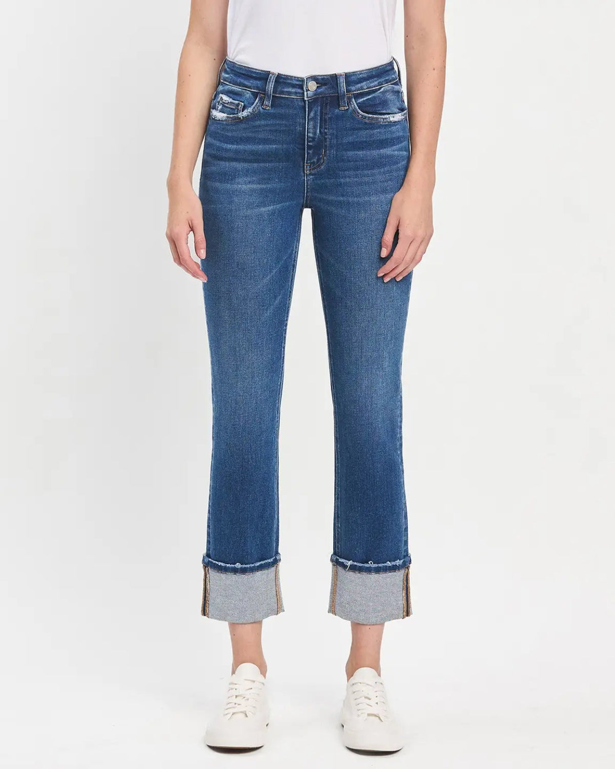 High Rise Cuffed Slim Straight Jeans