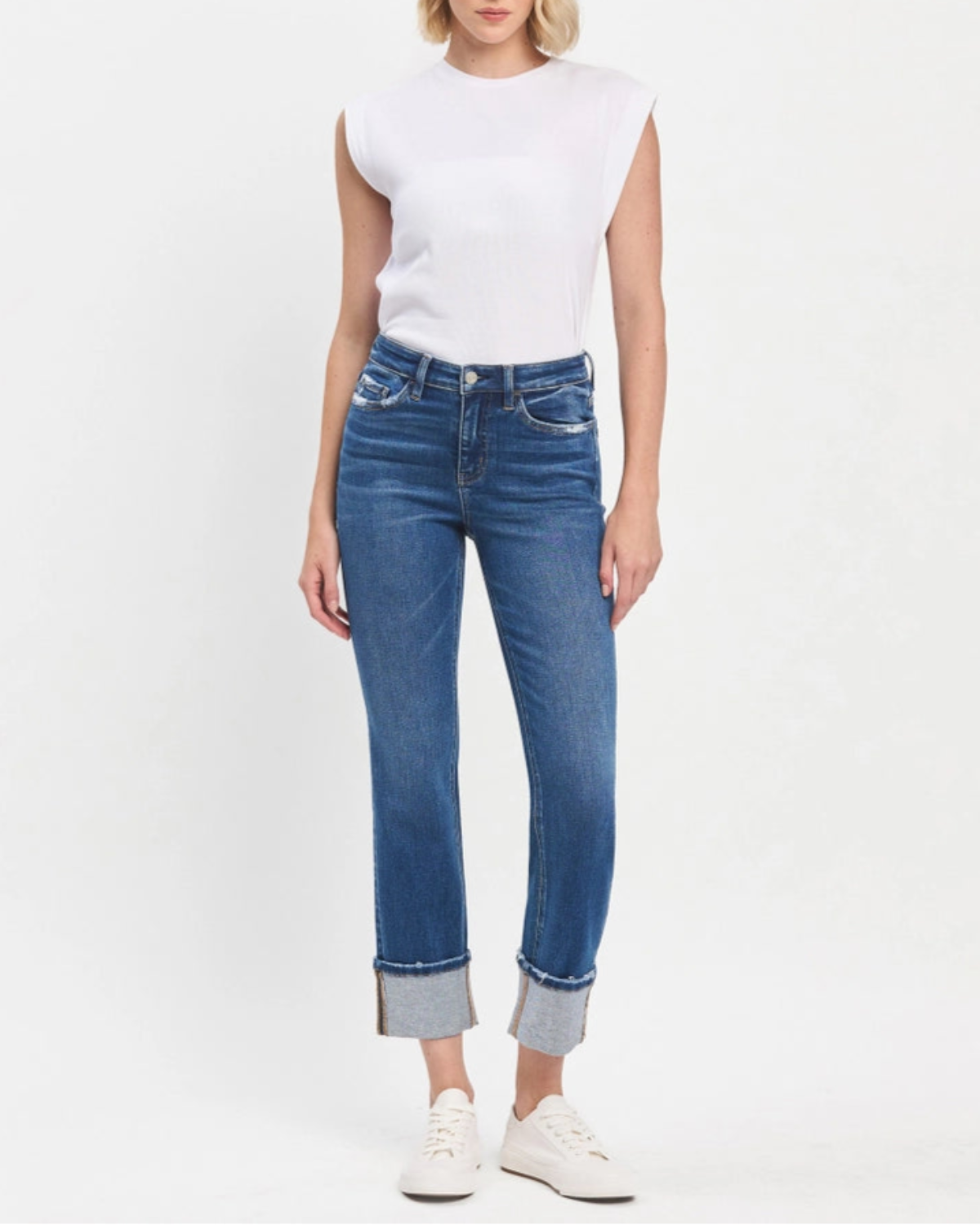 High Rise Cuffed Slim Straight Jeans