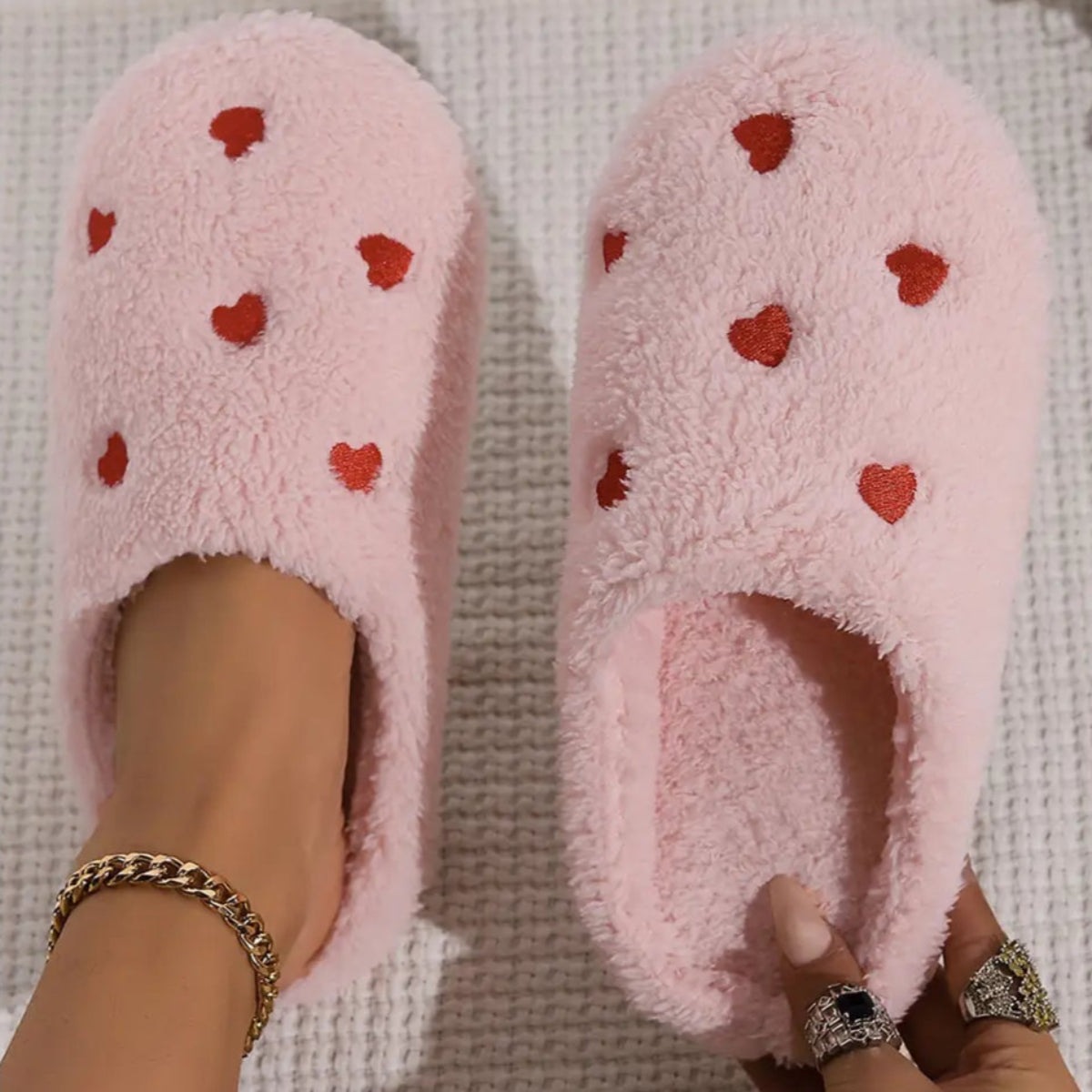 Heart Embroidered Pink Plush Slippers