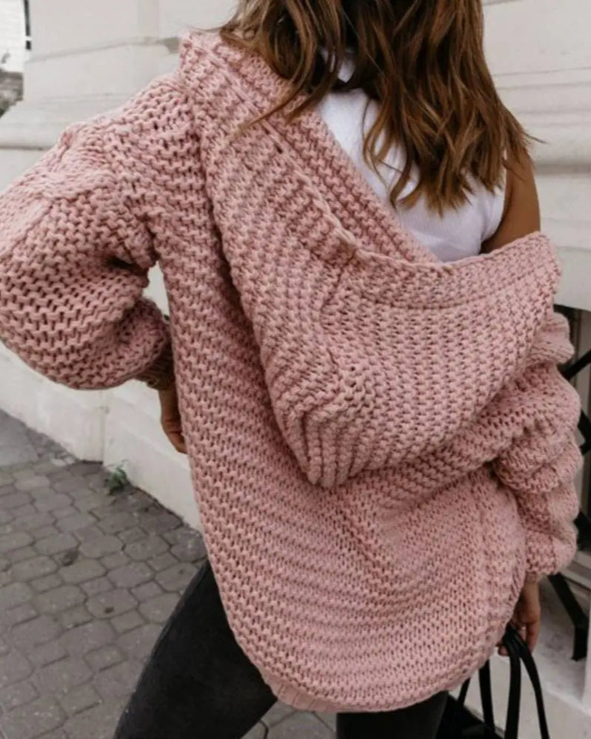 Hooded Cable Knit Cardigan Sweater in Pink