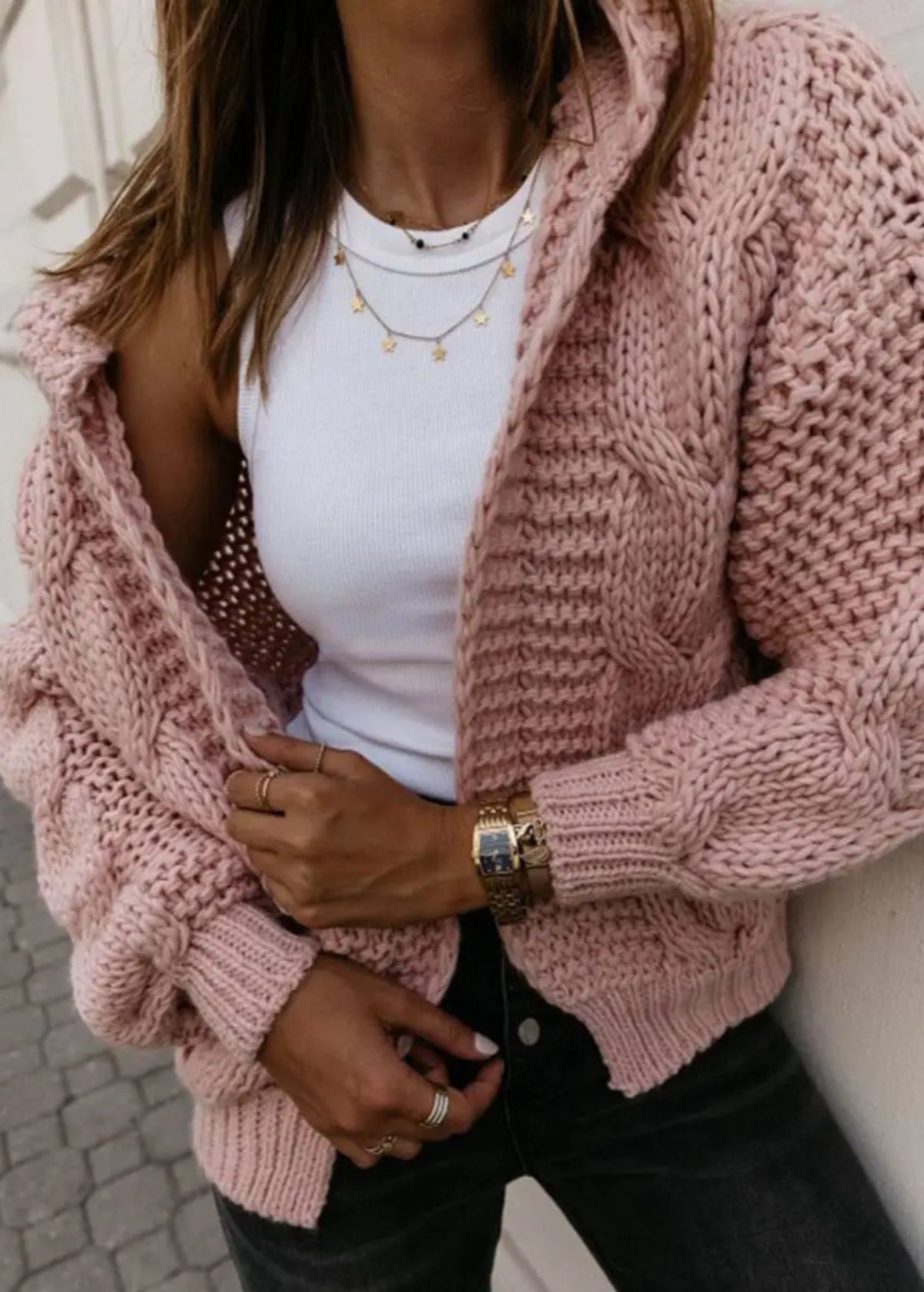 Hooded Cable Knit Cardigan Sweater in Pink