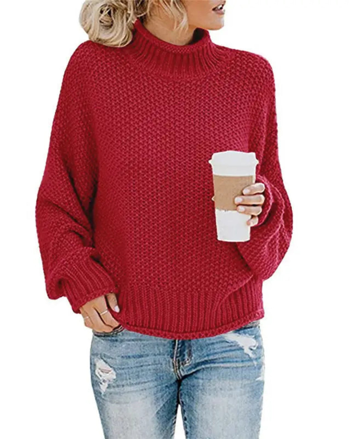 Lightweight Mock Turtleneck Sweater in Red