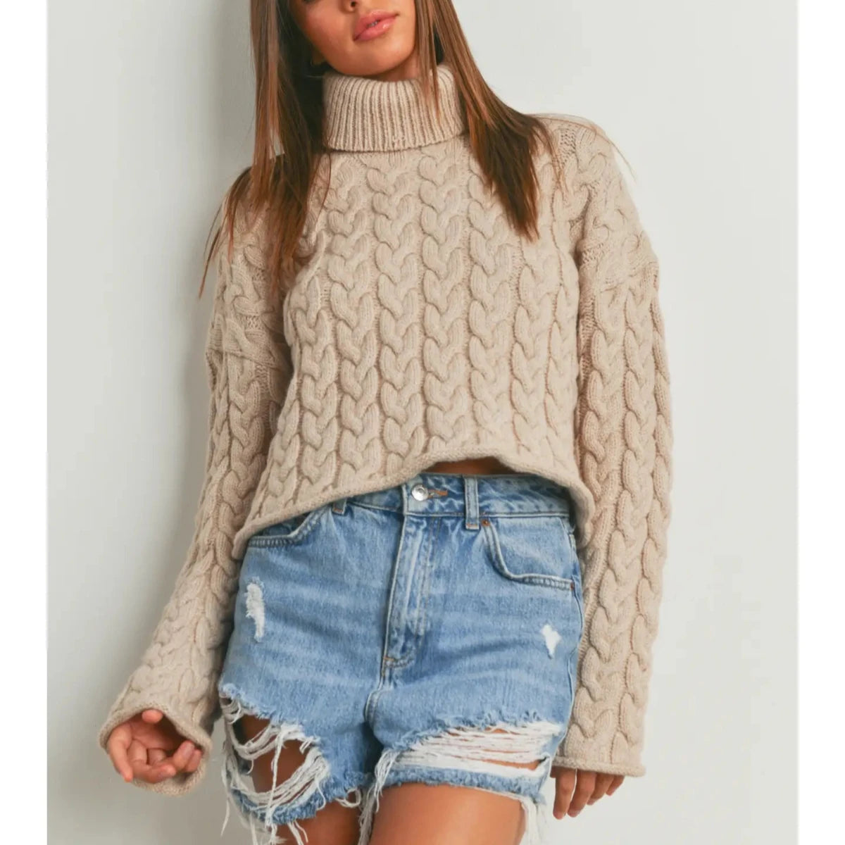 Cable Knit Turtleneck Sweater in Taupe